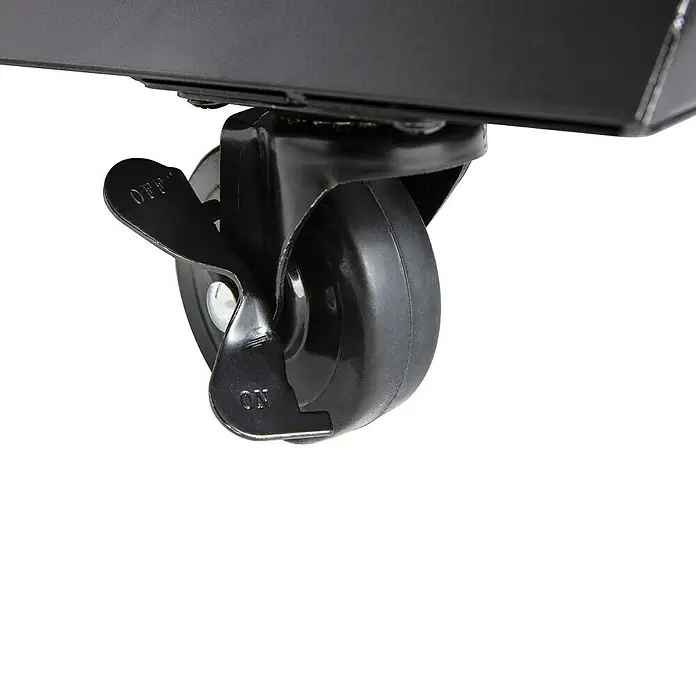 Mueble auxiliar modular para barbacoa Fidgi - Negro/Plateado - Primer plano de una rueda giratoria negra de alta resistencia con freno. Ideal para muebles y equipos de taller.