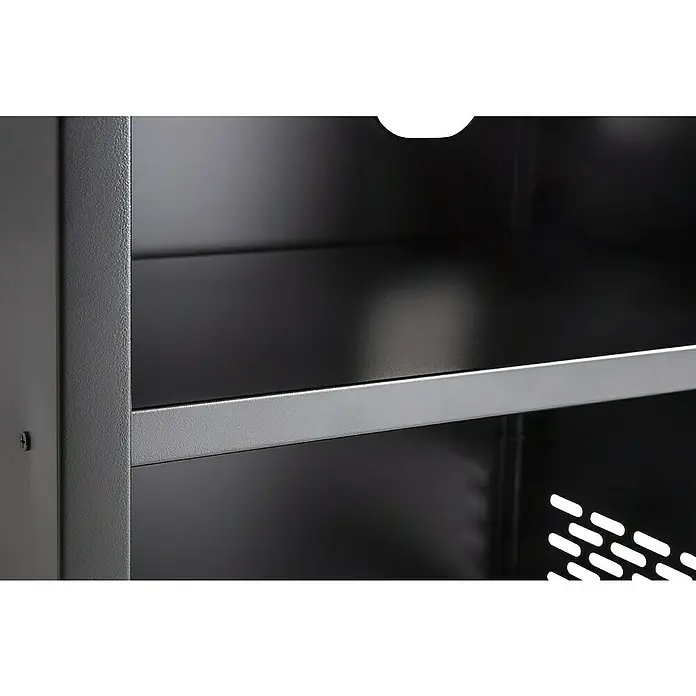 Mueble auxiliar modular para barbacoa Fidgi - Negro/Plateado - Primer plano de un armario de metal negro con estantes, que encarna una funcionalidad robusta e industrial.