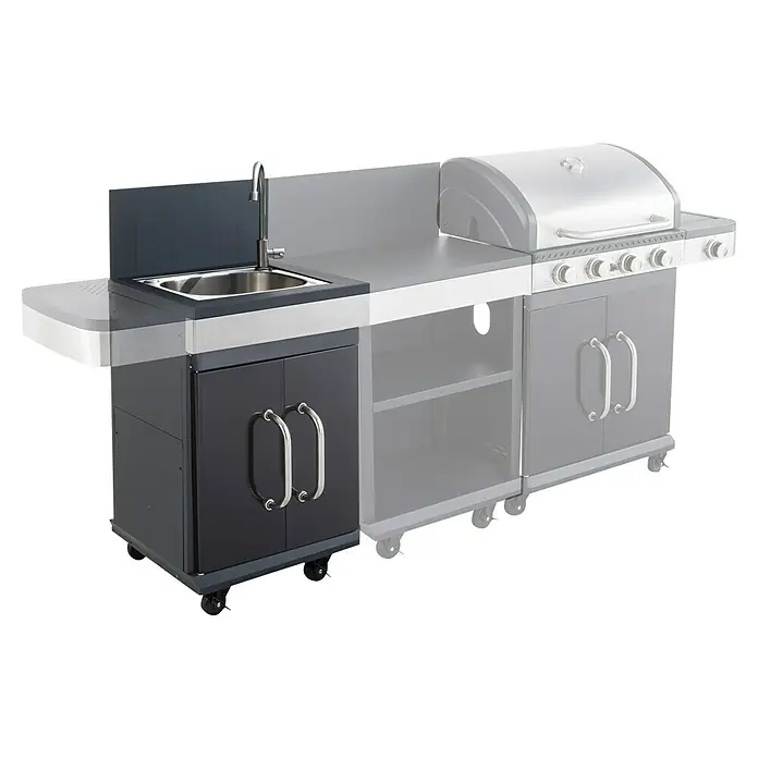 Mueble auxiliar lavadero modular para barbacoa Fidgi - Negro/Plateado - Imagen de una cocina exterior con fregadero y parrilla, perfecta para experiencias culinarias al aire libre.