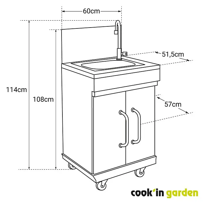 Mueble auxiliar lavadero modular para barbacoa Fidgi - Negro/Plateado - Imagen de un carrito fregadero, que mide 114x60x57cm, perfecto para uso en exteriores.