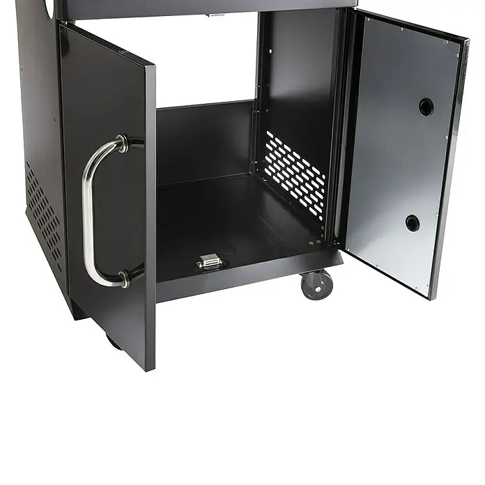 Mueble auxiliar lavadero modular para barbacoa Fidgi - Negro/Plateado - Carrito de armario negro con dos puertas abiertas y una manija plateada en la puerta izquierda.