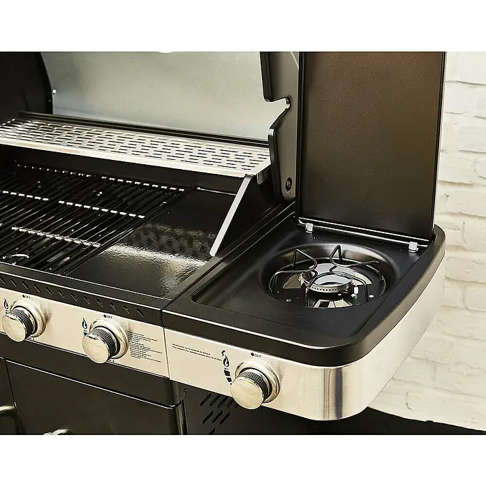 Barbacoa de gas Fidgi - Superficie de la parrilla (An x Pr): 57,5 x 42 cm, 11,5 kW, Número de quemadores: 3 - Primer plano de una parrilla de gas con tapa abierta y quemador lateral, ideal para aventuras culinarias al aire libre.