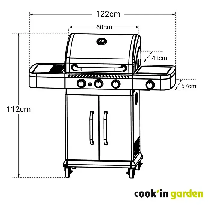 Barbacoa de gas Fidgi - Superficie de la parrilla (An x Pr): 57,5 x 42 cm, 11,5 kW, Número de quemadores: 3 - Diagrama de una parrilla de barbacoa con dimensiones que incluyen 122 cm de ancho, 112 cm de alto, 60 cm de ancho de la tapa, 42 cm de ancho de la sección lateral y 57 cm de profundidad de la sección lateral.