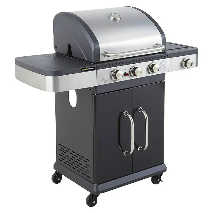 Barbacoa de gas Fidgi - Superficie de la parrilla (An x Pr): 57,5 x 42 cm, 11,5 kW, Número de quemadores: 3 - Esta imagen muestra una barbacoa de gas portátil "Cook'in Garden" con campana de acero inoxidable, controles y amplio armario.