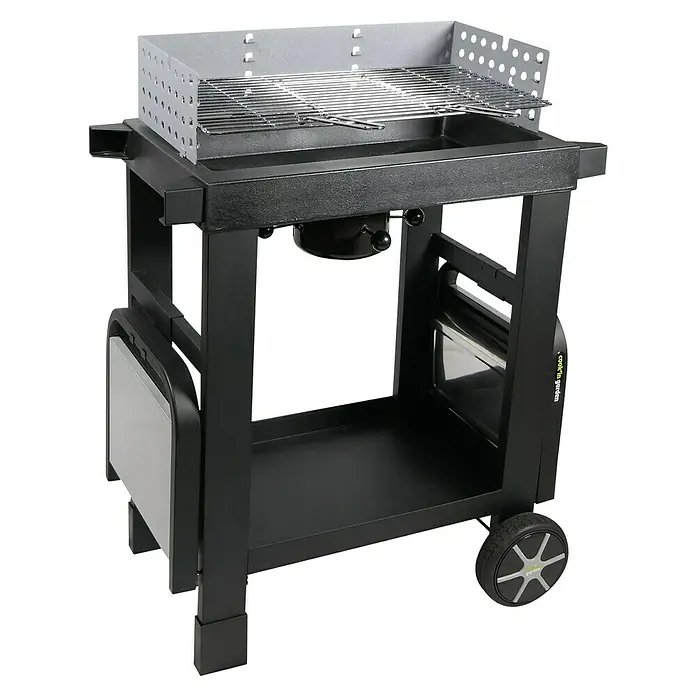 Barbacoa de carbón Easy 60 - Superficie de la parrilla (An x Pr): 57 x 30 cm, Negro - Carro de parrilla negro con estantes de almacenamiento y ruedas para facilitar el transporte en el jardín.