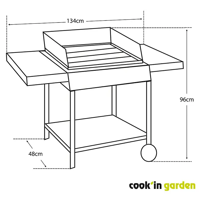 Barbacoa de carbón Easy 60 - Superficie de la parrilla (An x Pr): 57 x 30 cm, Negro - Ilustración de una parrilla Cook'in Garden con dimensiones de 134 cm de ancho y 96 cm de alto. El producto tiene una estantería adicional a 48 cm de altura.