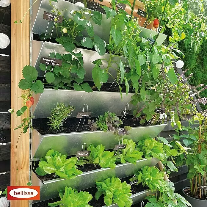 Bellissa Hochbeet Inalto L8 - 100 x 32 x 180 cm, Stahl, Hellbraun/Silber - Vertikales Gartensystem mit mehreren silbernen Metallrinnen und hellem Holzrahmen, gefüllt mit Erdbeeren, Kräutern und Salat.