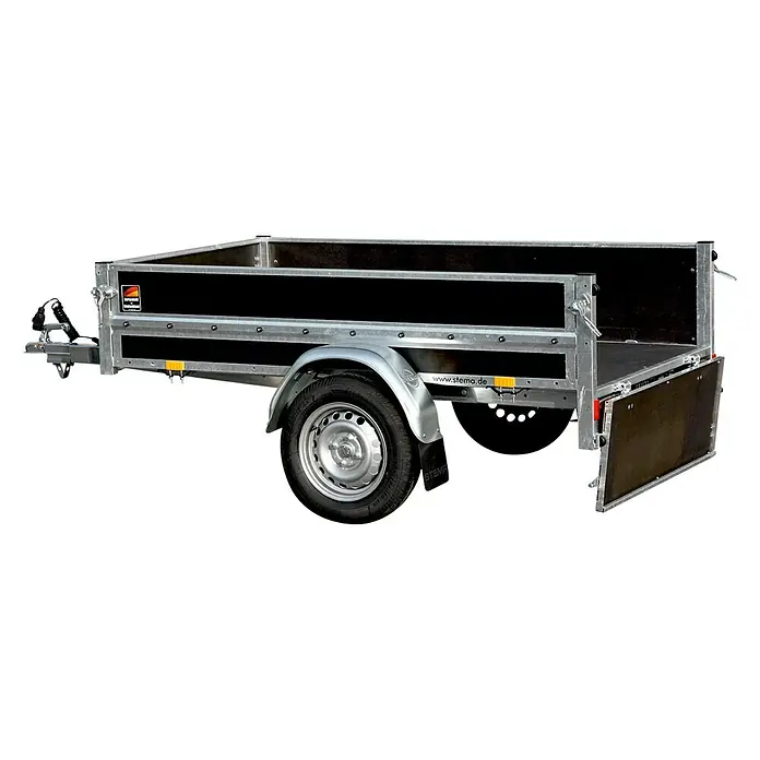 Stema Anhänger WOODOXX 750 - Nutzlast: 584 kg, Einachser, Kasteninnenmaß: 201 x 115 x 40 cm, Ungebremst - Abgebildeter Anhänger von Stema mit robustem Aufbau und Deichsel. Das Modell ist mit einer stabilen Achse und Heckklappe ausgestattet.