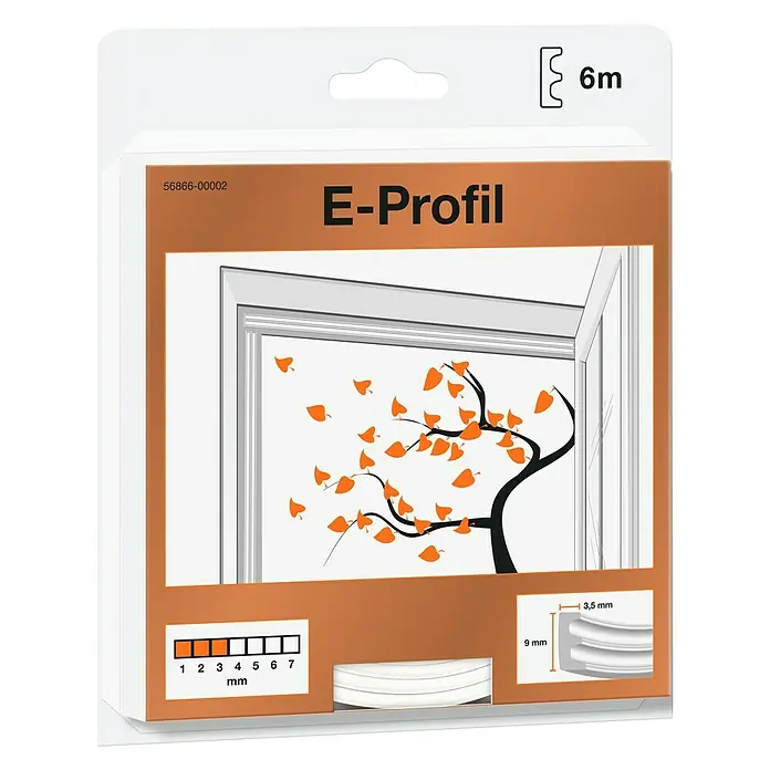 Burlete de gomaespuma Perfil E - Blanco, 6 m x 9 mm x 3,5 mm, Puertas - Imagen de un sello E-profile para ventanas y puertas, mostrado en su embalaje con detalles técnicos como dimensiones y longitud.