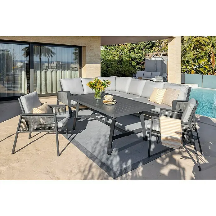 Sunfun Conjunto de muebles Moira - 4 pzs., Aluminio/Cuerda sintética, Antracita - Comedor exterior con mesa de antracita, sillas con detalles de cuerda y sofá esquinero con cojines gris claro, perfecto para relajarse al aire libre.