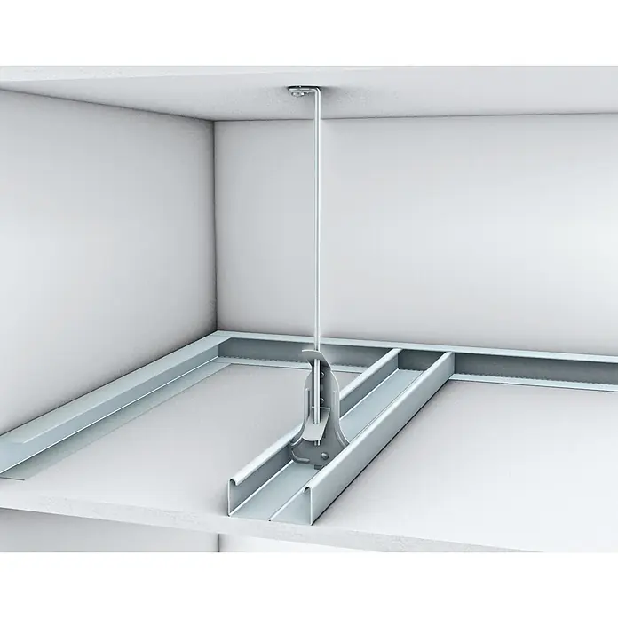 Probau Schnellabhänger - Ausstattung: Draht mit Öse, Länge: 250 mm, 100 Stk. - Deckenabhängung für abgehängte Decken. Das Bild zeigt eine Deckenbefestigung mit einer Stahlkonstruktion für die Montage.