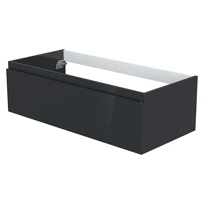 Camargue Espacio Waschtischunterschrank - 100 x 46 x 30 cm, Gama anthrazit glänzend - Ein modernes, offenes Badezimmer-Unterschrank in glänzendem Schwarz. Das Möbelstück bietet praktischen Stauraum.