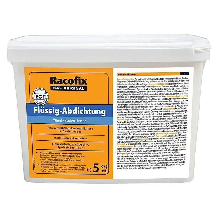 Racofix Flüssig-Abdichtung - 5 kg - Racofix Flüssig-Abdichtung: Flexible, rissüberbrückende Abdichtung für Dusche und Bad, ideal für Fliesen und Naturstein, gebrauchsfertig.