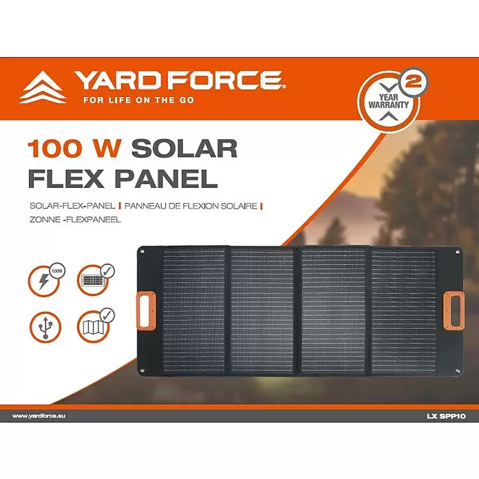 Yard Force Solarmodul Flex LX SPP10 - Max. Leistung: 100 W, 137 x 54 x 1,5 cm - Schwarzes, faltbares 100W flexibles Solarpanel mit orangen Akzenten für unterwegs.