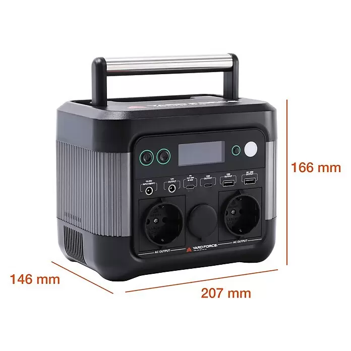Yard Force Powerstation LX PS300 - 296 Wh, Nennleistung: 300 W, Max. Leistung: 550 W - Schwarze und graue portable Powerstation mit Metallgriff, AC-Steckdosen, USB-Anschlüssen und Maßen.