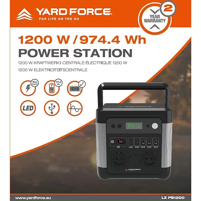 Yard Force Powerstation LX PS1200 - 974,4 Wh, Nennleistung: 1.200 W, Max. Leistung: 2.400 W - YARD FORCE LX PS1200 portable Power Station (1200W/974.4Wh) in Schwarz/Grau, für unterwegs.