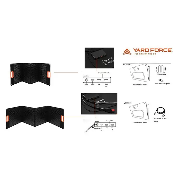 Yard Force Set Powerstation LX PS600 + Solarmodul Flex LX SPP20 - 518 Wh - Zwei schwarze faltbare Solarpanels mit orangefarbenen Griffen, Anschlüssen (USB/DC/Anderson) und mitgelieferten Kabeln.