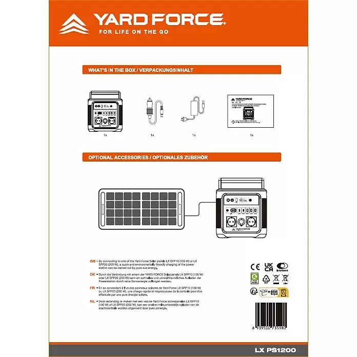 Yard Force Powerstation LX PS1200 - 974,4 Wh, Nennleistung: 1.200 W, Max. Leistung: 2.400 W - YARD FORCE Powerstation mit Autoladegerät, Wandladegerät und Handbuch. Ein optionales Solarpanel ist zum Laden verbunden.