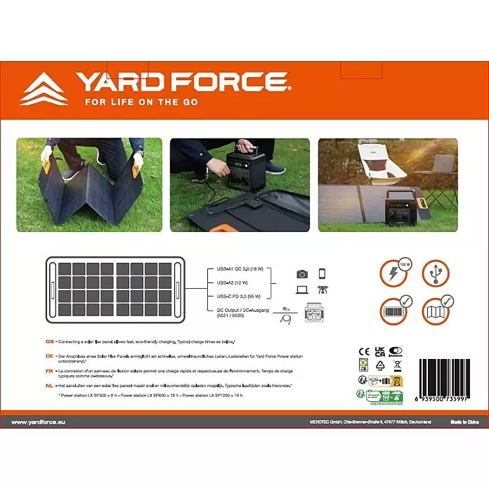 Yard Force Solarmodul Flex LX SPP20 - Max. Leistung: 200 W, 230 x 54 x 1,5 cm - Schwarzes flexibles Solarpanel zum Laden von Power Stations und Geräten im Freien, auf Gras ausgebreitet.