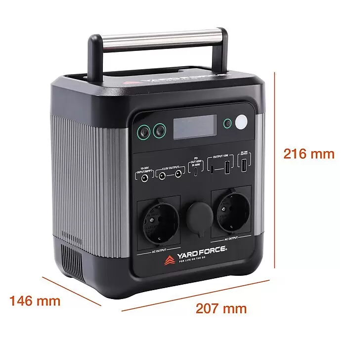 Yard Force Powerstation LX PS600 - 518 Wh, Nennleistung: 600 W, Max. Leistung: 1.200 W - Tragbare Powerstation mit schwarzem Gehäuse, silbernen Rippen, Metallgriff, verschiedenen Ausgängen und LCD-Display.