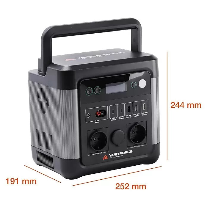 Yard Force Powerstation LX PS1200 - 974,4 Wh, Nennleistung: 1.200 W, Max. Leistung: 2.400 W - Dunkelgraue tragbare Powerstation mit silbernen geriffelten Seiten und schwarzem Griff, Frontplatte mit Display, AC-Steckdosen, USB-Anschlüssen und Eingang.