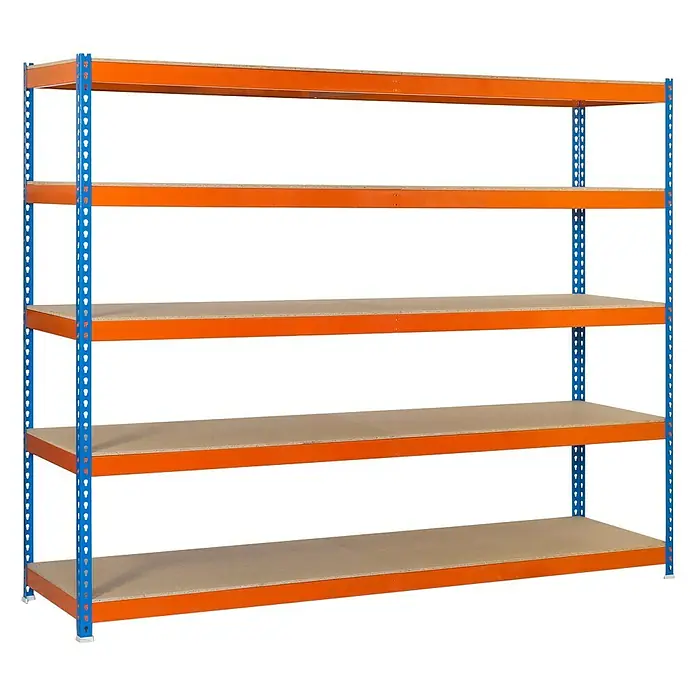 Simonrack Simonforte Schwerlastregal Simonforte Chipboard - H x B x T: 200 x 150 x 45 cm, Traglast pro Boden: 600 kg, Anzahl Böden: 5 Stk., Stecken, Blau/Orange - Abbildung eines stabilen Lagerregals mit fünf Ebenen, ideal für Lagerung und Organisation.