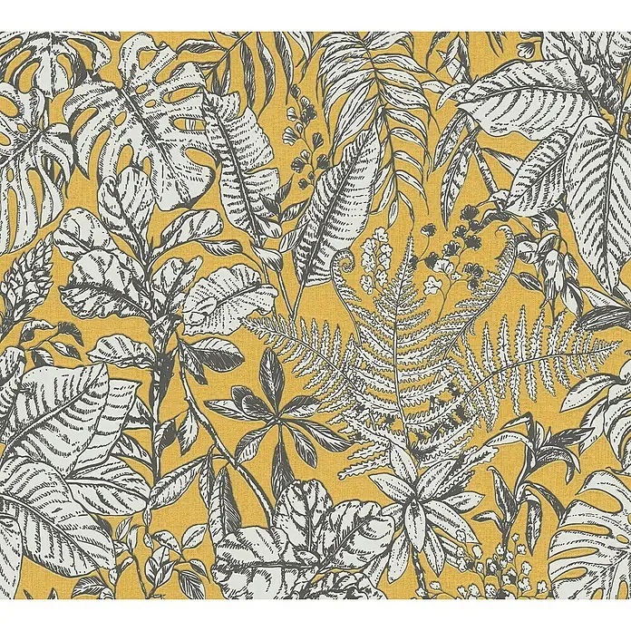 A.S. Création Daniel Hechter 6 Vliestapete DschungelGelb, Floral, 10,05 x 0,53 m - Nahaufnahme eines Stoffmusters mit tropischen Blättern in Gelb, Grau und Weiß, ideal für Heimtextilien und Dekorationsprojekte.