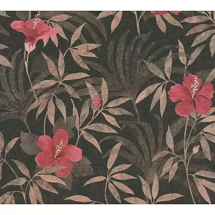 A.S. Création Cuba Vliestapete Blume - Rot/Braun, Floral, 10,05 x 0,53 m - Tropisches Blumenmuster mit dunklem Hintergrund, rosa Hibiskusblüten und beigen Blättern.