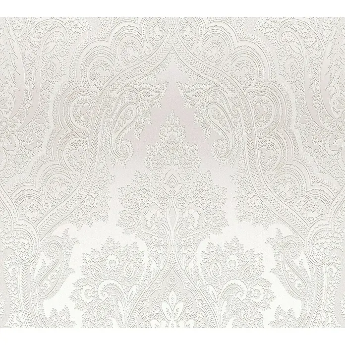 A.S. Création My Home My Spa Vliestapete Damask Paisley - Grau, Ornament, 10,05 x 0,53 m - Weißes, filigranes Tapetenmuster mit floralen Elementen und Paisley-Motiven, das eine elegante und subtile Textur für Wände bietet.