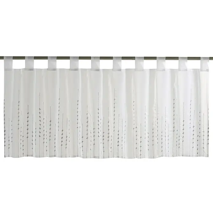 Elbersdrucke Bistrogardine Helio - 140 x 48 cm, 100 % Polyester, Bestickt, Weiß/Grau - Diese stilvolle, transparente Gardine mit dezentem Diamantenmuster ist eine elegante Fensterdekoration, die Licht und Privatsphäre harmonisch verbindet.