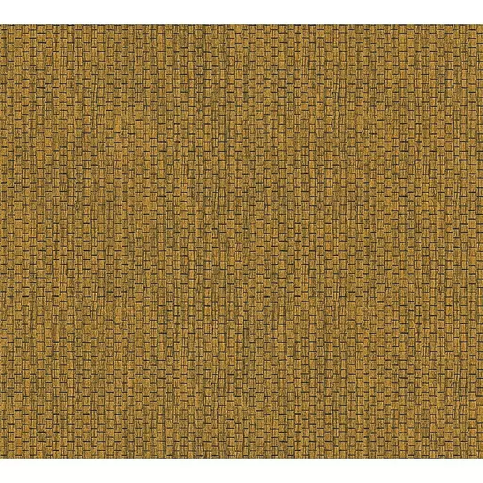 A.S. Création Hygge 2 Vliestapete Bambusstruktur - Gelb/Gold, Uni, 10,05 x 0,53 m - Goldgelber Polsterstoff mit texturiertem Korbflechtmuster.