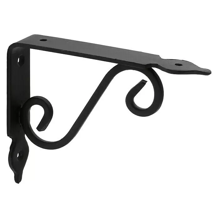 Rei Clásica Escuadra de pared 1477 - L x An x Al: 10 x 14 x 2,6 cm, Carga soportada: 20 kg, Acero - Soporte de estante de metal negro con volutas decorativas y orificios de montaje.