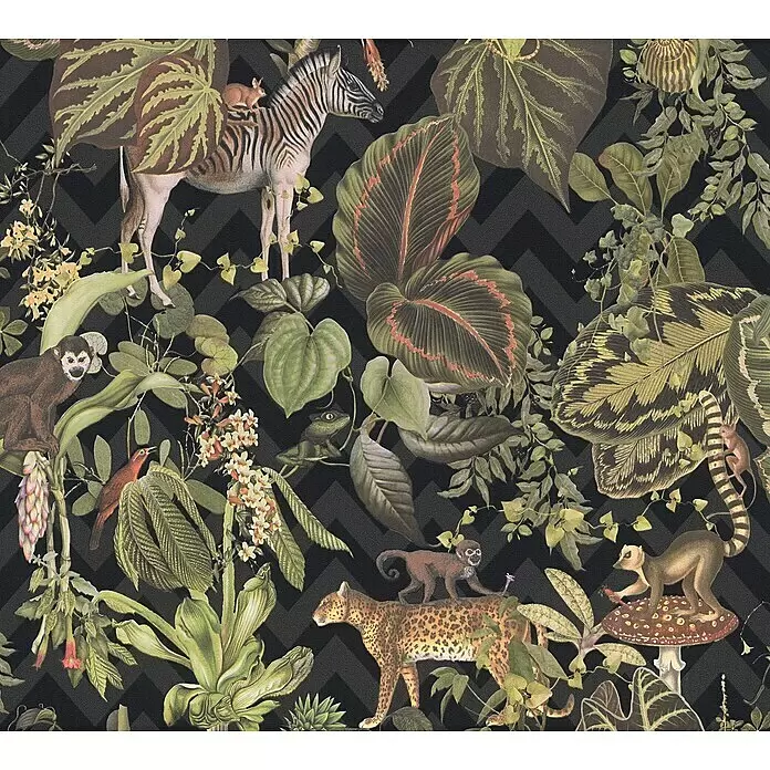 A.S. Création Michalsky 4 Vliestapete Dschungel - Schwarz, Tieroptik, 10,05 x 0,53 m - Tapete mit üppigem Dschungelmuster: exotische Tiere, tropische Pflanzen und dunkles Chevron-Design.