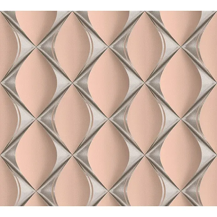 A.S. Création My Home My Spa Vliestapete Lederoptik - Silber/Rosa, 3D-Optik, 10,05 x 0,53 m - Detailaufnahme einer strukturierten Tapete mit einem geometrischen, rautenförmigen Muster in Rosatönen und silbernen Akzenten, ideal für moderne Innenräume.