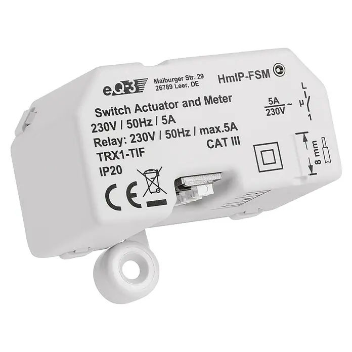 Homematic IP Funkschalter HmIP-FSM - 41 x 54 x 33 mm, Unterputz, 230 V, 5 A - Nahaufnahme eines weißen Homematic IP Funk-Schaltaktors mit Zähler, der für die Hausautomation geeignet ist.