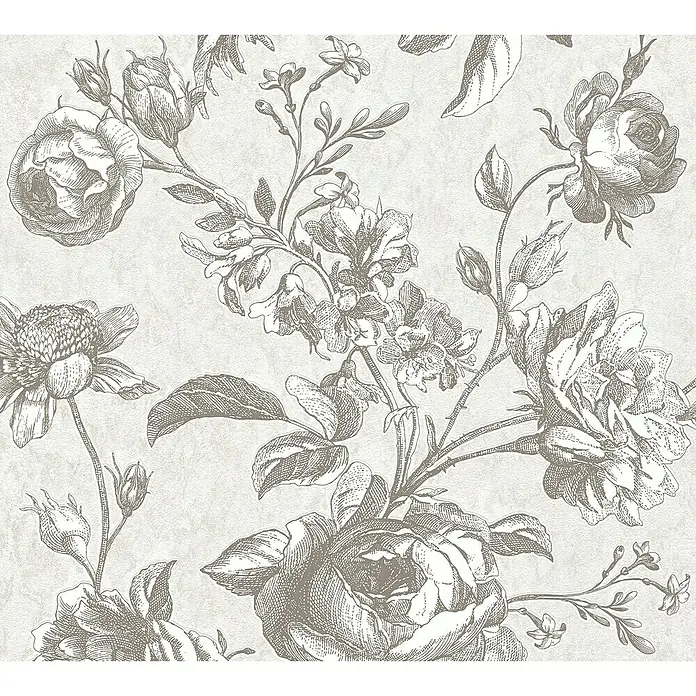 A.S. Création My Home My Spa Vliestapete Rose - Weiß/Grau, Floral, 10,05 x 0,53 m - Nahaufnahme eines beige-braunen Hintergrunds mit floralen Vintage-Rosen-Illustrationen, die eine elegante und zarte Textur erzeugen.