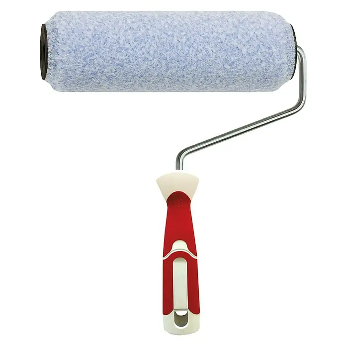 Rodillo de pintar Extraliso - Diámetro: 4,8 cm - Primer plano de un rodillo de pintura con cubierta azul y mango rojo y blanco, ideal para pintar paredes y techos.