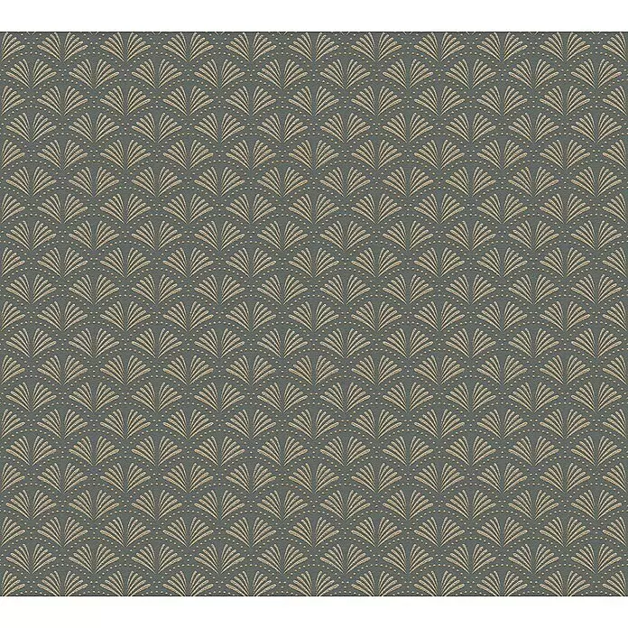 A.S. Création Trendwall 2 Vliestapete Art Deco groß - Grau, Grafisch, 10,05 x 0,53 m - Nahtloses Art-Déco-Muster mit metallisch goldenen Fächer- und Punktmotiven auf strukturiertem Dunkelgrau, ideal für Tapeten.