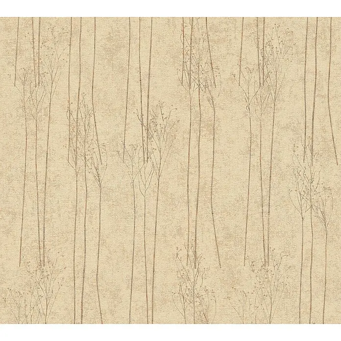 A.S. Création Hygge 2 Vliestapete Bäume - Beige, Floral, 10,05 x 0,53 m - Nahaufnahme der Tapete mit vertikalen, abstrakten Pflanzenmotiven in sanften Brauntönen auf beigem Grund.