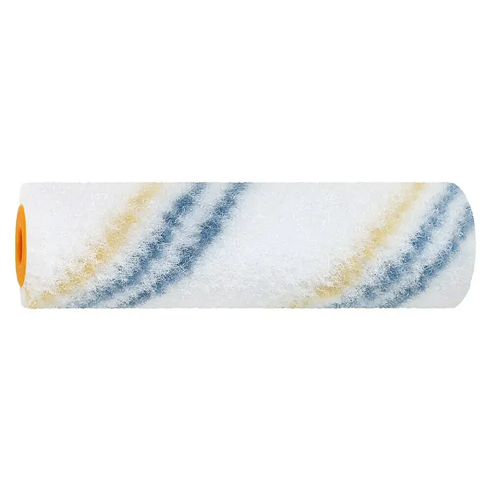 Recambio de rodillos Nylon - Ancho: 10 cm, Diámetro: 1,7 cm - Rodillo de pintura con pelo blanco y rayas azules y amarillas, ideal para una aplicación uniforme de la pintura en superficies lisas.
