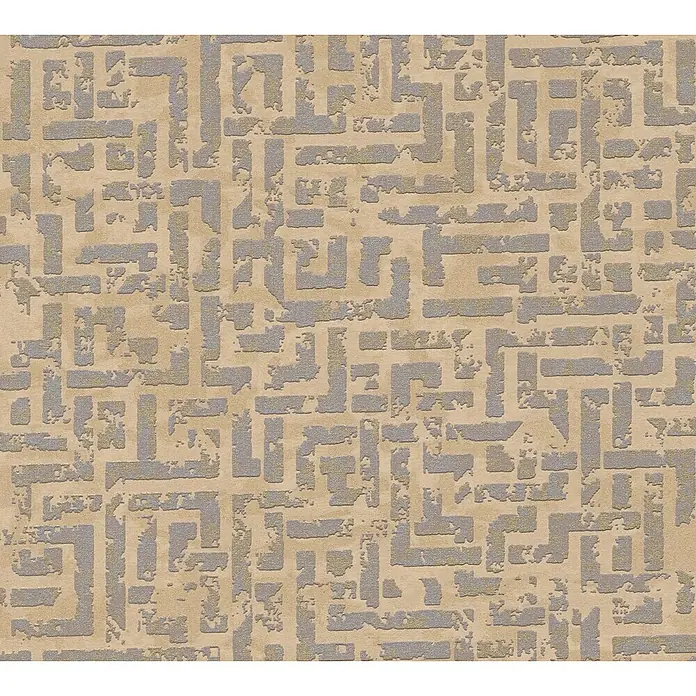 A.S. Création My Home My Spa Vliestapete Tetris - Beige/Metallic, Grafisch, 10,05 x 0,53 m - Nahaufnahme eines Teppichs mit einem geometrischen Muster in Beige- und Grautönen, ideal für moderne Wohnräume.