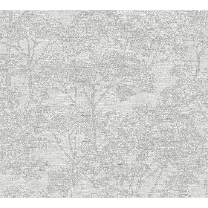 A.S. Création Cuba Vliestapete Wald - Beige/Weiß, Floral, 10,05 x 0,53 m - Hellgraue strukturierte Tapete mit detailliertem, sich wiederholendem Baumuster, das eine Waldsilhouette nachbildet.
