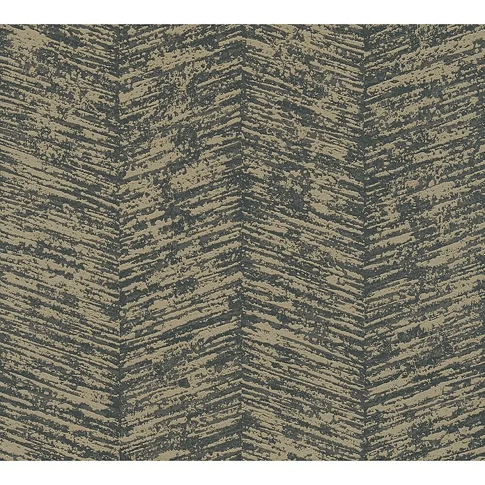 A.S. Création My Home My Spa Vliestapete Geometrie - Schwarz/Braun, Streifen, 10,05 x 0,53 m - Nahaufnahme eines strukturierten Zickzack-Musters mit erdfarbenen und grauen Tönen, das die Textur und das Design hervorhebt.