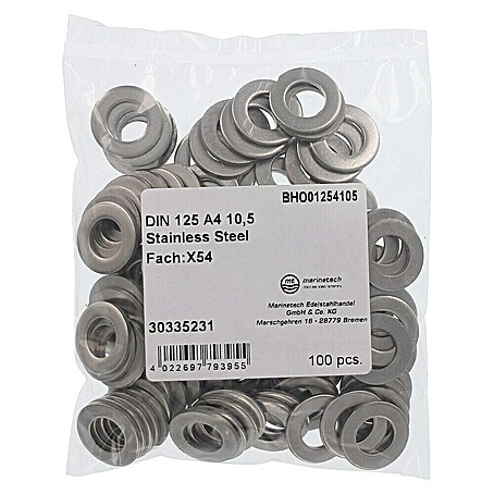 Marinetech Unterlegscheibe (Innendurchmesser: 10,5 mm, Außendurchmesser: 20 mm, A4, Edelstahl, 100 Stk.)