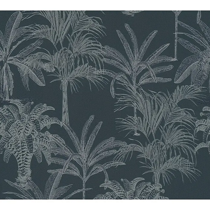 A.S. Création Michalsky 4 Vliestapete Palmen - Schwarz/Grau, Floral, 10,05 x 0,53 m - Abbildung einer tropischen Tapete mit aufgedruckten Palmen und üppiger Vegetation. Die Farben sind sanft und entspannend.