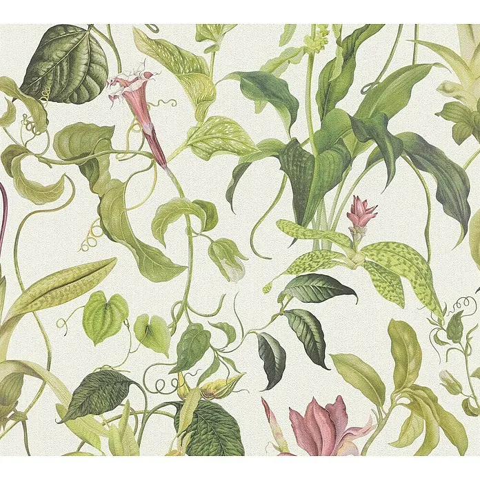A.S. Création Michalsky 4 Vliestapete Allover mit Ranken - Grün/Weiß, Floral, 10,05 x 0,53 m - Tropisches Pflanzenmuster mit grünen Blättern und rosa Blüten auf hellem Hintergrund.