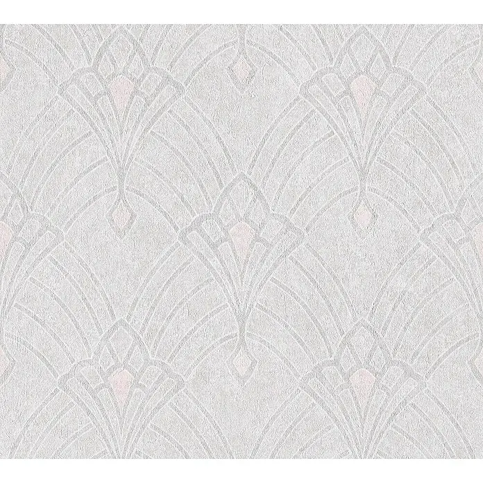 A.S. Création Mata Hari Vliestapete Oriental - Rosa/Beige, Grafisch, 10,05 x 0,53 m - Grau-weißes Art-Déco-Tapetenmuster mit zarten rosafarbenen Akzenten, das eine elegante und stilvolle Wanddekoration darstellt.