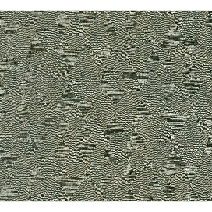 A.S. Création My Home My Spa Vliestapete Hexagon - Braun-Gold, Grafisch, 10,05 x 0,53 m - Texturiertes Wandbild mit einem sich wiederholenden Sechseckmuster in gedämpften Grau- und Grüntönen, das ein komplexes, grafisches Design zeigt.