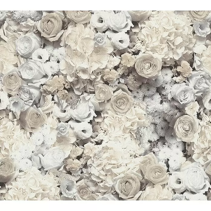 A.S. Création Trendwall 2 Vliestapete Blumen - Grau/Beige, Floral, 10,05 x 0,53 m - Weißes und cremefarbenes Blumenmuster mit Rosen, Hortensien und verschiedenen Blüten.