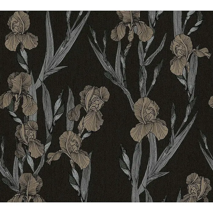 A.S. Création Daniel Hechter 6 Vliestapete Blumen - Schwarz/Braun, Floral, 10,05 x 0,53 m - Elegantes Stoffmuster mit stilisierten Irisblüten in Beige- und Grautönen auf dunklem Grund, ideal für Vorhänge oder Polster.